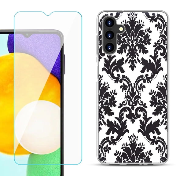 Slim-Fit TPU Fashion Phone Case for Samsung Galaxy A13 5G, with Tempered Glass Screen Protector, by OneToughShield ® - Victorian White/Black