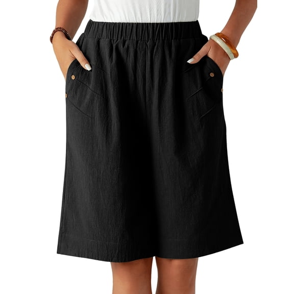 Shorts for Women Knee Length High Waisted Cotton Elastic Wasit Summer Dressy Casual Long Shorts Black S