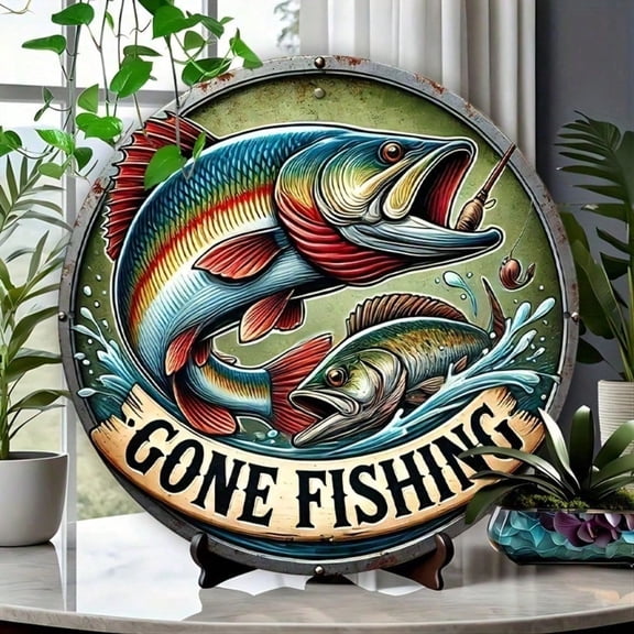 HELLOYOUNG Gone Fishing Metal Wall Decor for Man Cave, Rustic Tin Sign, Vintage Home Bar Art, Outdoor & Cabin Decor Gift