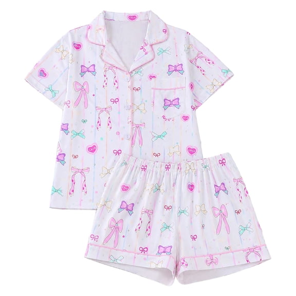 MEZZALL Women Bow Print Lapel Collar Short Sleeve Button Down Top Elastic Waist Shorts Pajama For Cozy Home Wear With Lightweight Knit And Relaxed Fit Sleepwear Stylish 2 Piece Pjs