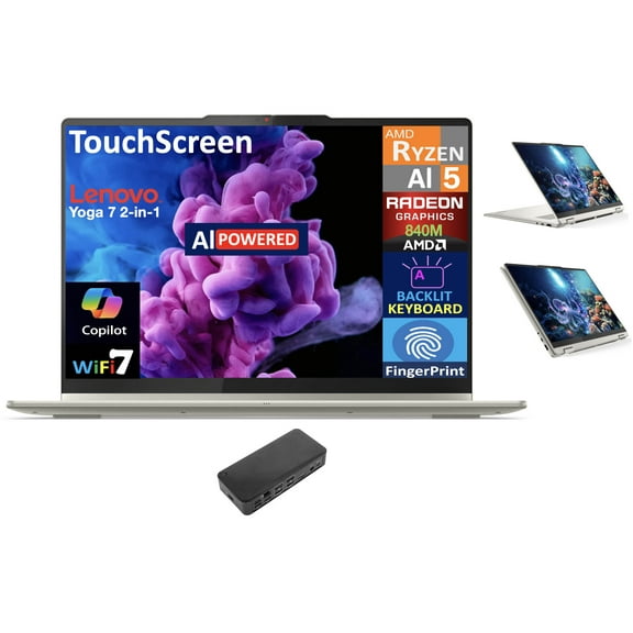 Lenovo Yoga AI PC 2-in-1 Laptop 16.0in Touchscreen IPS WUXGA Display (AMD Ryzen AI 5 340, 16GB LPDDR5X, 512GB M.2 PCIe SSD, Backlit KB, Fingerprint, WiFi 7, Webcam, Win 11 Pro) w/USB-C Dock