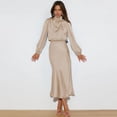 thumbnail image 2 of ZOHIUM Womens Boho Summer Dresses Women's Mock Neck Satin Dress Elegant Long Sleeve Elastic High Waist Formal Wedding Cocktail Party Maxi Dresses Casual Summer Dress (Khaki,M), 2 of 5