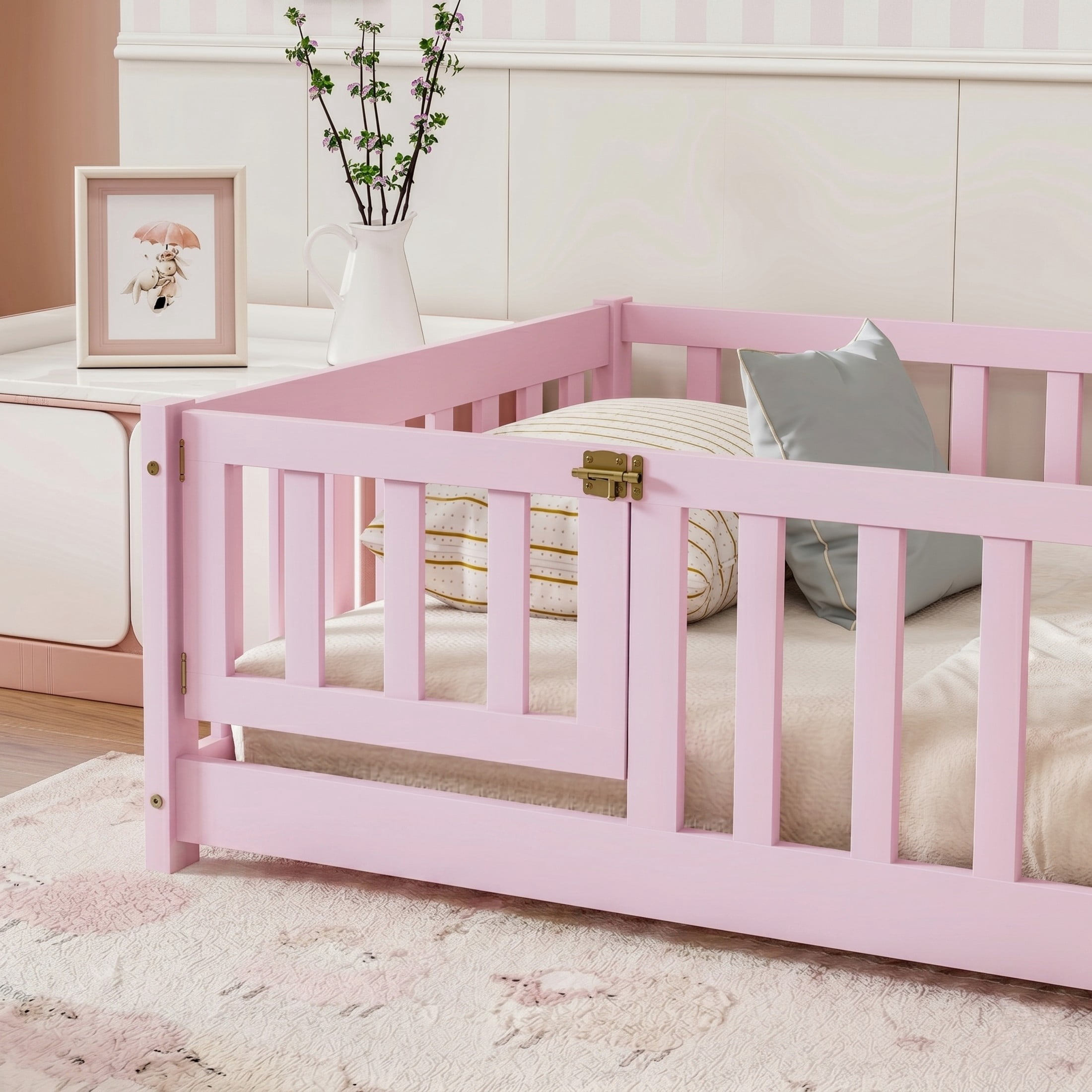 Noble House Corvel Twin Size Rubber Wooden Floor Bed with Safety Guardrails & Latching Fence Door, Pink