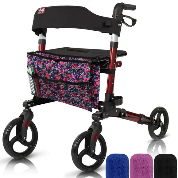 Andador con ruedas Vive Mobility - Andador médico plegable de 4 ruedas con asiento y bolsa - Ayuda de movilidad para adultos, personas mayores y personas con discapacidad (rojo rubí, bolsa floral)