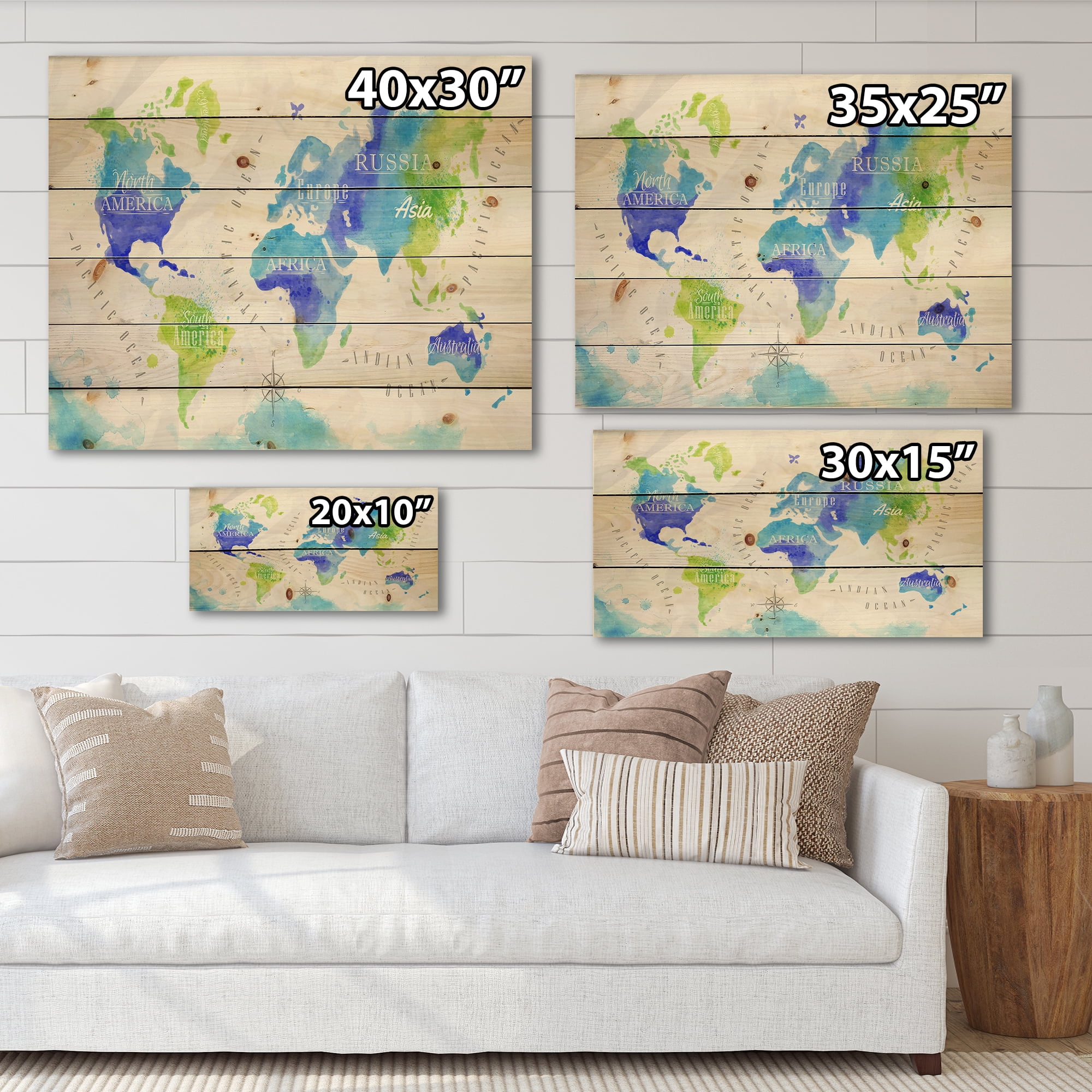 Designart 'World Map In Blue and Green' Modern Print on Natural Pine Wood