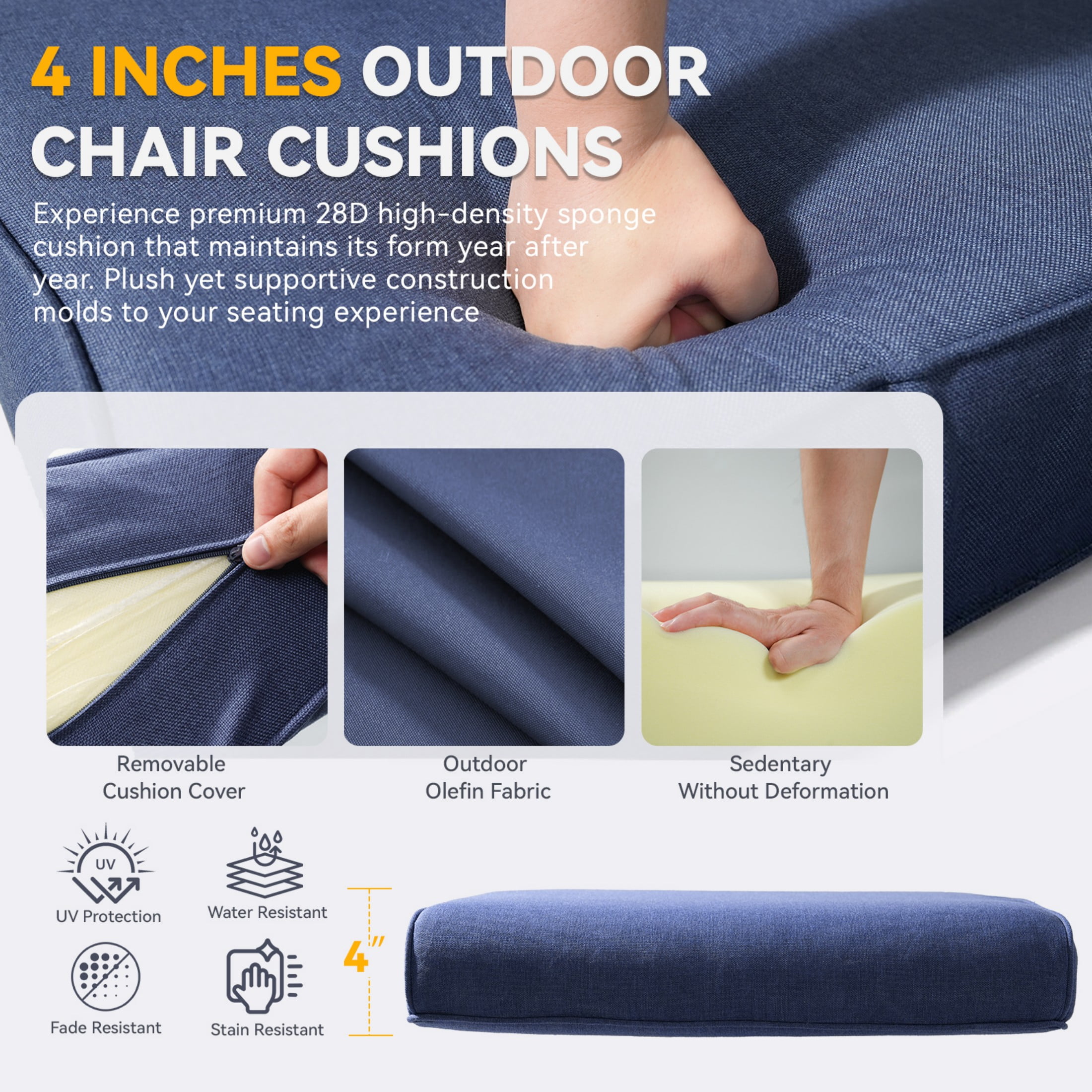 Unnifurnzi Outdoor Chair Cushions Set of 3-22 x 25 x 4 Inch High Density Sponge Patio Deep Seat Cushions Outdoor Furniture Cushions for Chair Sofa Couch-Blue