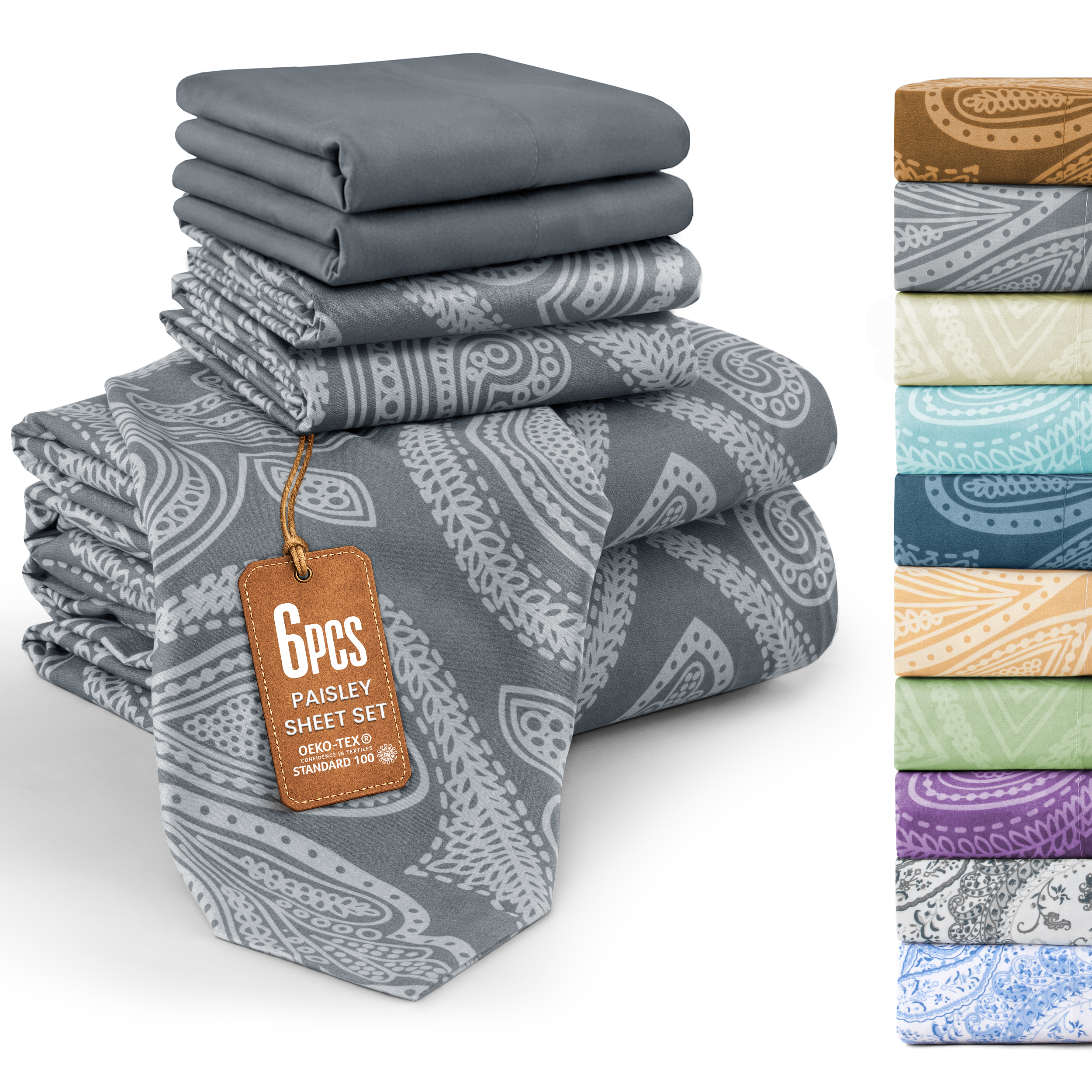 Lux Decor Queen 6 Piece Bed Sheet Set - Paisley Printed Microfiber Sheets, Ultra Soft, Deep Pocket, Wrinkle-Free, Breathable, OEKO-TEX Certified - Queen, Grey