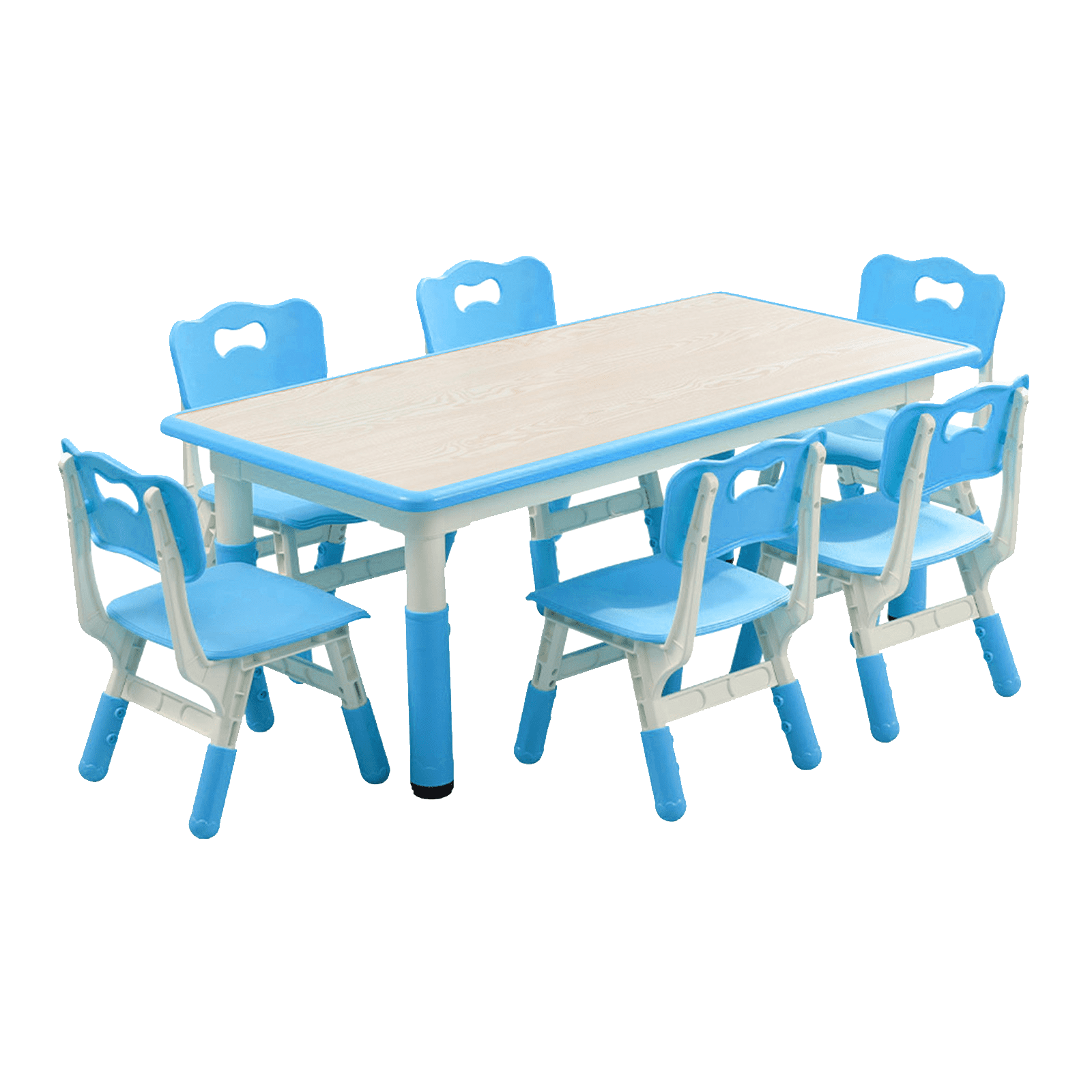 Height Adjustable Kids Table and 6 Chairs Set - Graffiti-Resistant Multi-Activity Desktop - Non-Slip Legs - Study & Craft Desk for Study Room, Home, Daycare - For Ages 2-10 - Blue