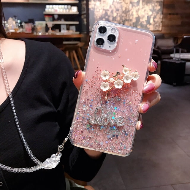 Funda de teléfono con cordón de cristal para IPhone, flores 3D, funda de estrella brillante para IPhone 13, 11, 12 Pro Max, XR, X, XS, 7, 8, 14 Plus Fivean unisex