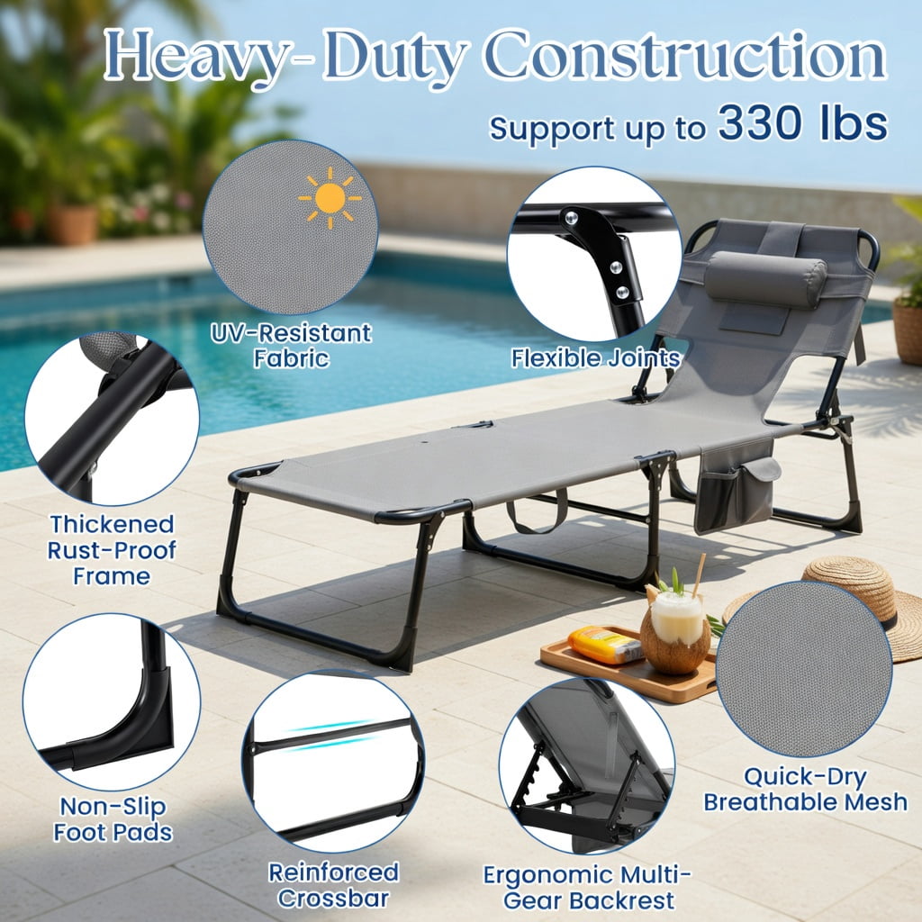 Hommoo Premium Foldable Beach Lounge Chair with Removable Pillow, Adjustable Reclining Outdoor Lounger for Beach, Pool & Patio, Gray