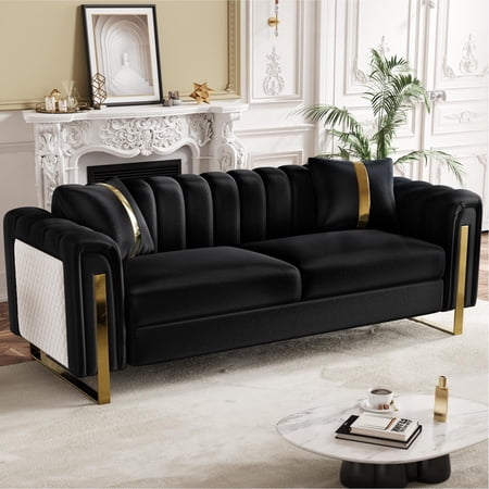 Rophefx 85" Mid-Century Black Velvet Tufted Sofa,Classic Chesterfield Deep Seat Sofa Couch with Gold Metal Legs & Pillows,3 Seater for Living Room Bedroom Apartment Office Furniture