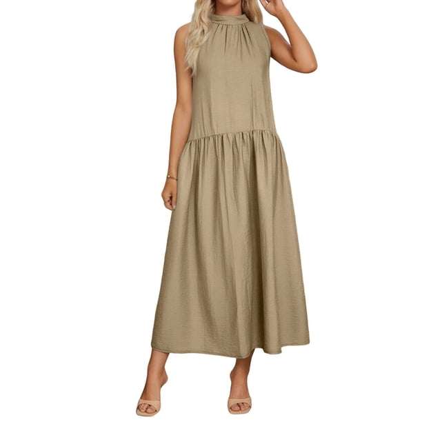 Zapatos de Vestido de Mujer Casual sin Mangas con Cremallera Trasera Vestido de Lino Midi para Primavera Verano Playa Y Uso Diario