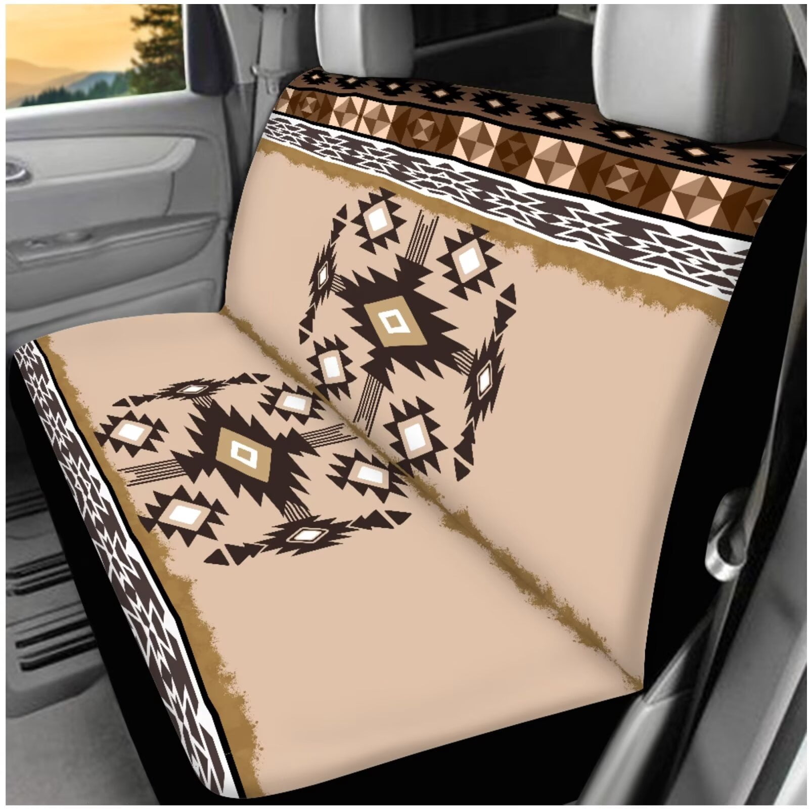 Yuyamidu Aztec Ethnic Car Seat Covers Full Set of 14 Geometric Steering Wheel Cover Auto Seat Belt Cover Coaster Armrest Cover Headrest Covers Keychain Auto Accessories, Brown