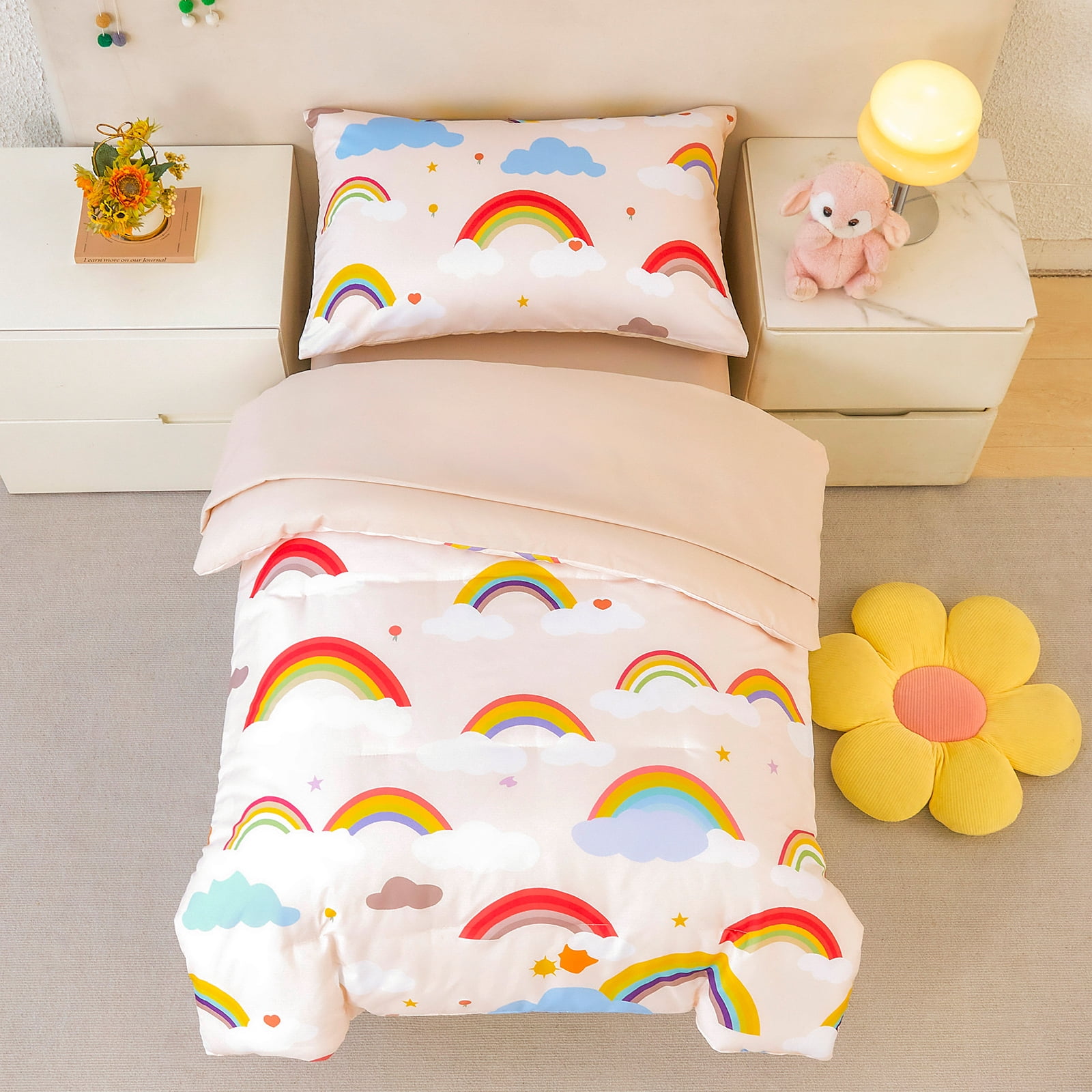 ZRNBAST 4 Piece Toddler Bedding Set, Rainbow Clouds Kids Crib Toddler Comforter Set for Girls, Beige