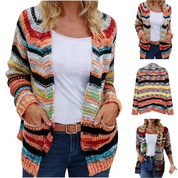 Ashirexll Womens Winter Coats, Womens Fleece Coats, Colorful Striped Casual Lightweight Cardigan Top Sweater Long Sleeve