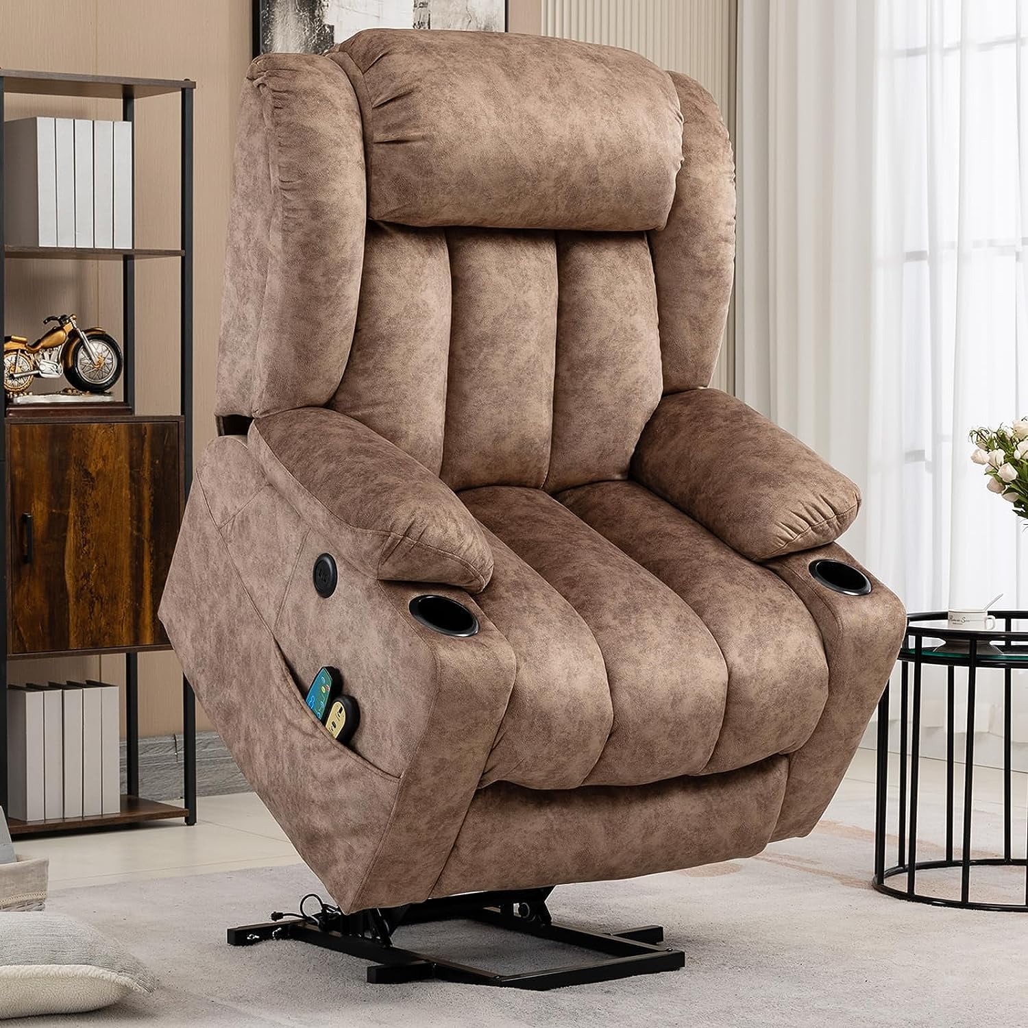 VIVIJASON Tall Man Large Power Lift Recliner Chair with Massage and Heat for Elderly, Overstuffed Wide Electric Lift Recliner w/Extended Footrest, 2 Cup Holder, Side Pockets & USB Ports, Fabric Brown