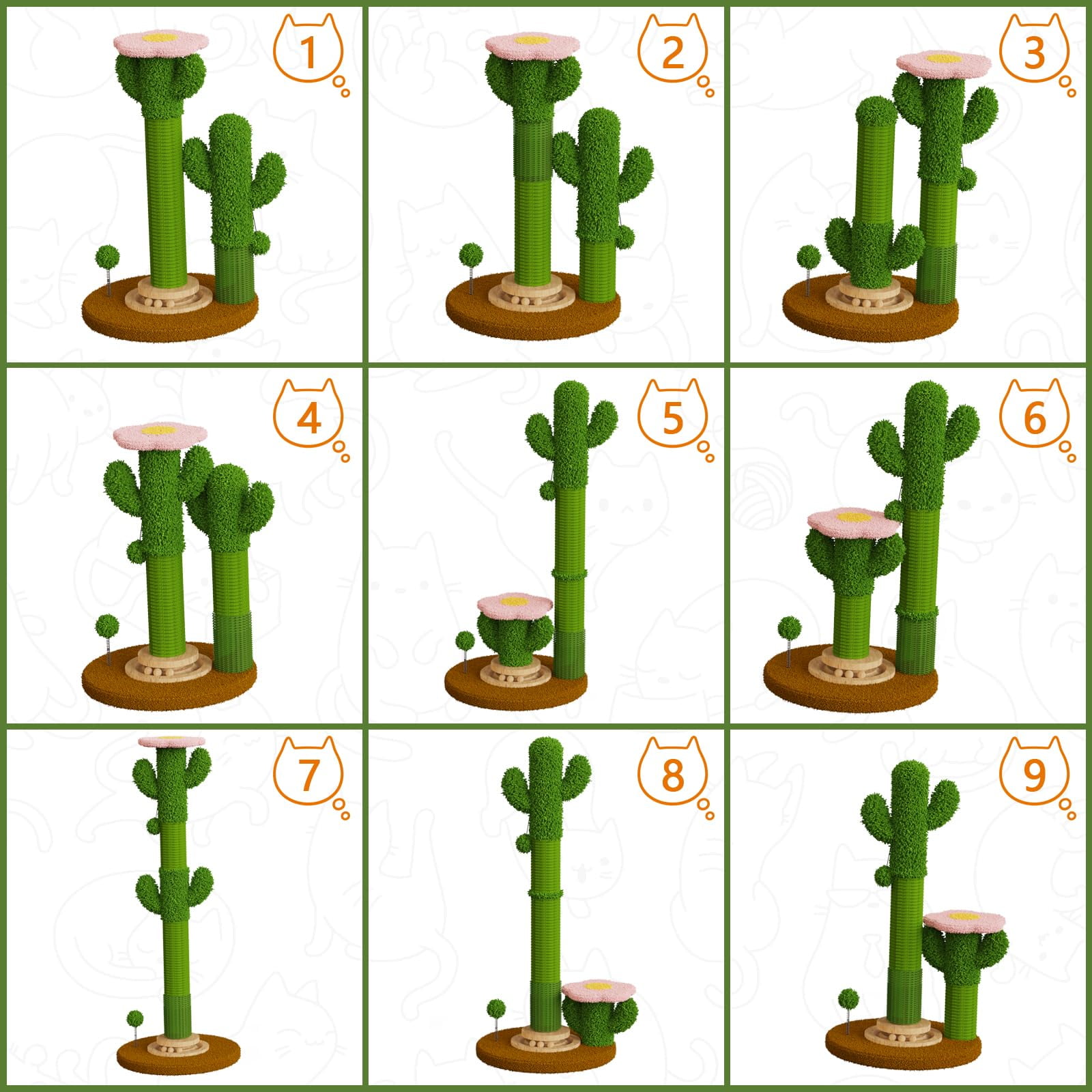 New DIY Cactus Cat Scratching Post - 9+ Custom Installation Styles , Modular Sisal Scratcher with Self-Grooming Brush & Ball Toy , Customizable Cat Furniture for Indoor Cats & Kittens