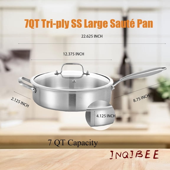 Tri-Ply 7 Quarts Stainless Steel Sauté Pan with Lid
