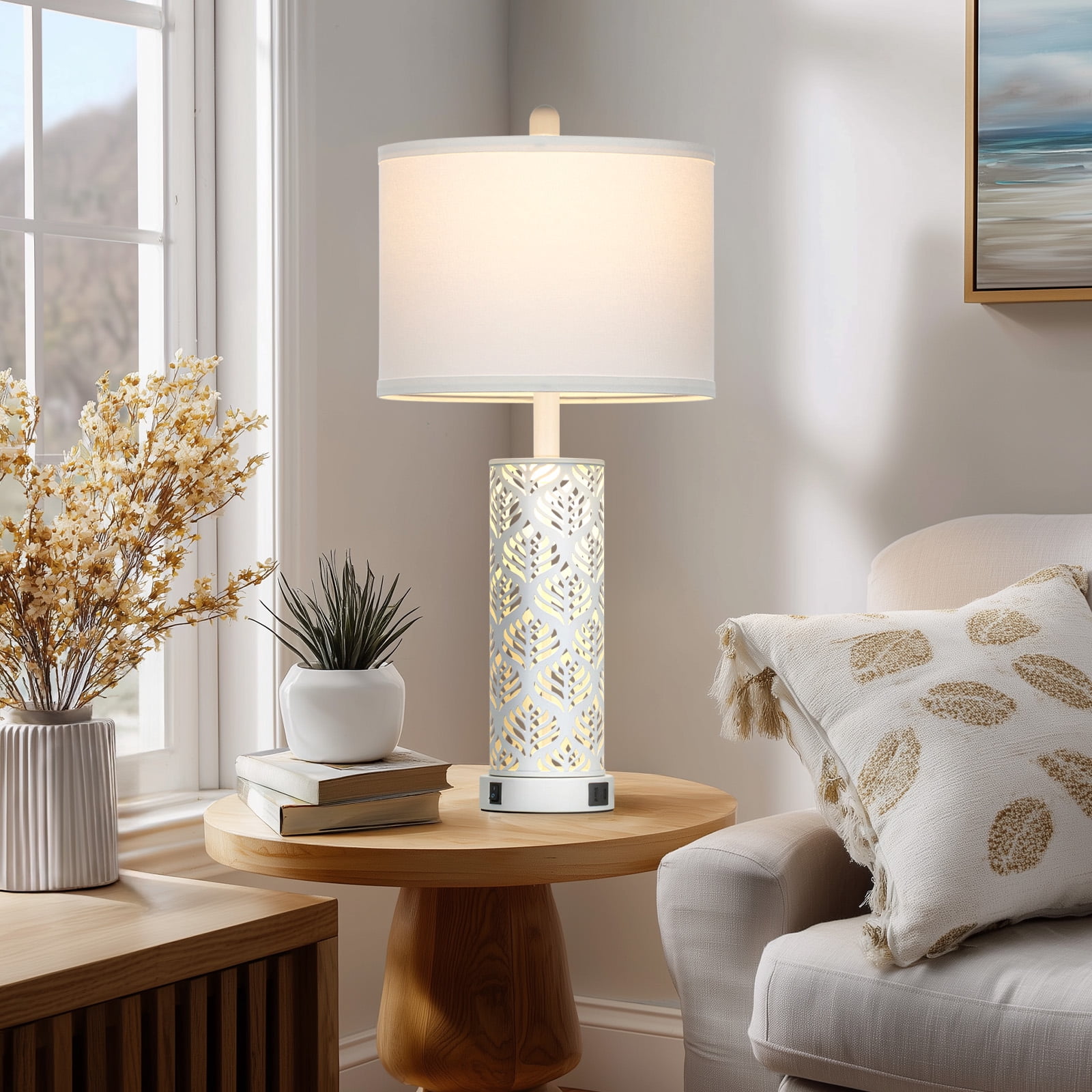 Lolikit 27"Table Lamp Set of 2 Modern Farmhouse Nightstand Bedside Lamp for Living Room Bedroom with USB A+C Ports