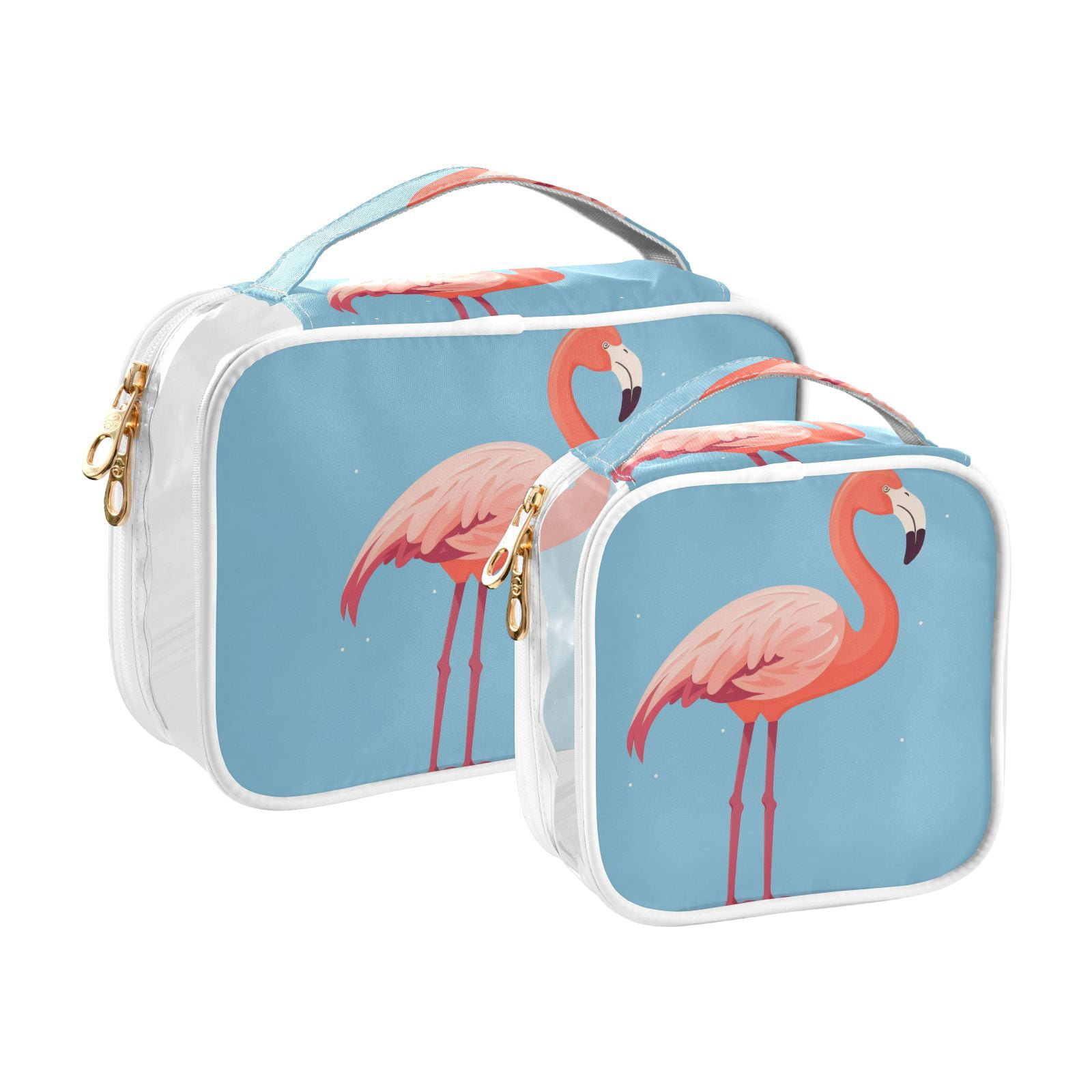 Clear Makeup Bags with Handle Large Opening 2 Pack Set Toiletry Bag Quart Size Bag, for Women Man Traveling Travel Essentials, Toiletries and Other. Flamingo Standing