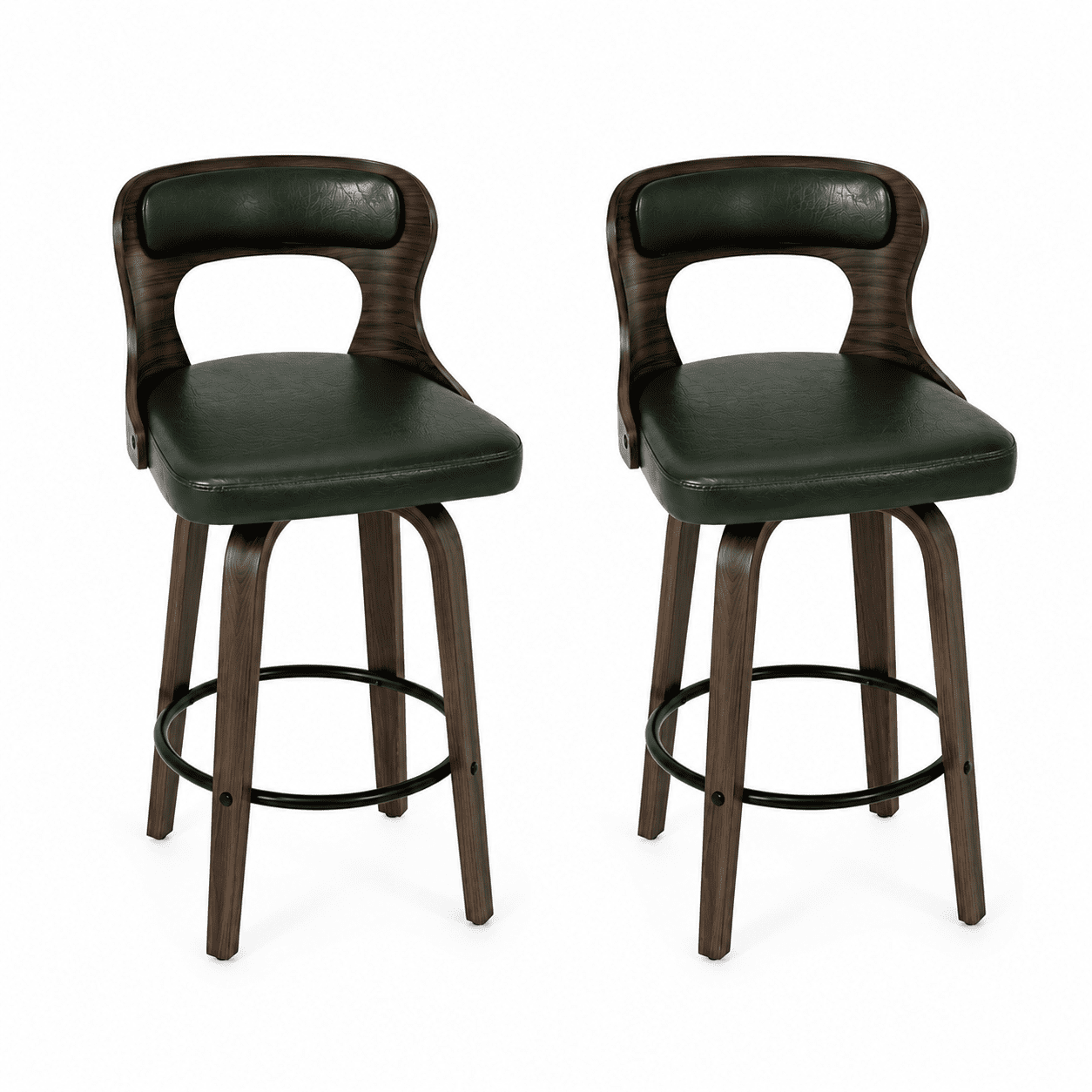 MOONMISS Bar Stools Set of 2, 29" Swivel Counter Height with Bentwood Legs and Back,Mid Century Modern Faux Leather Upholstered Counter Stools,Emerald