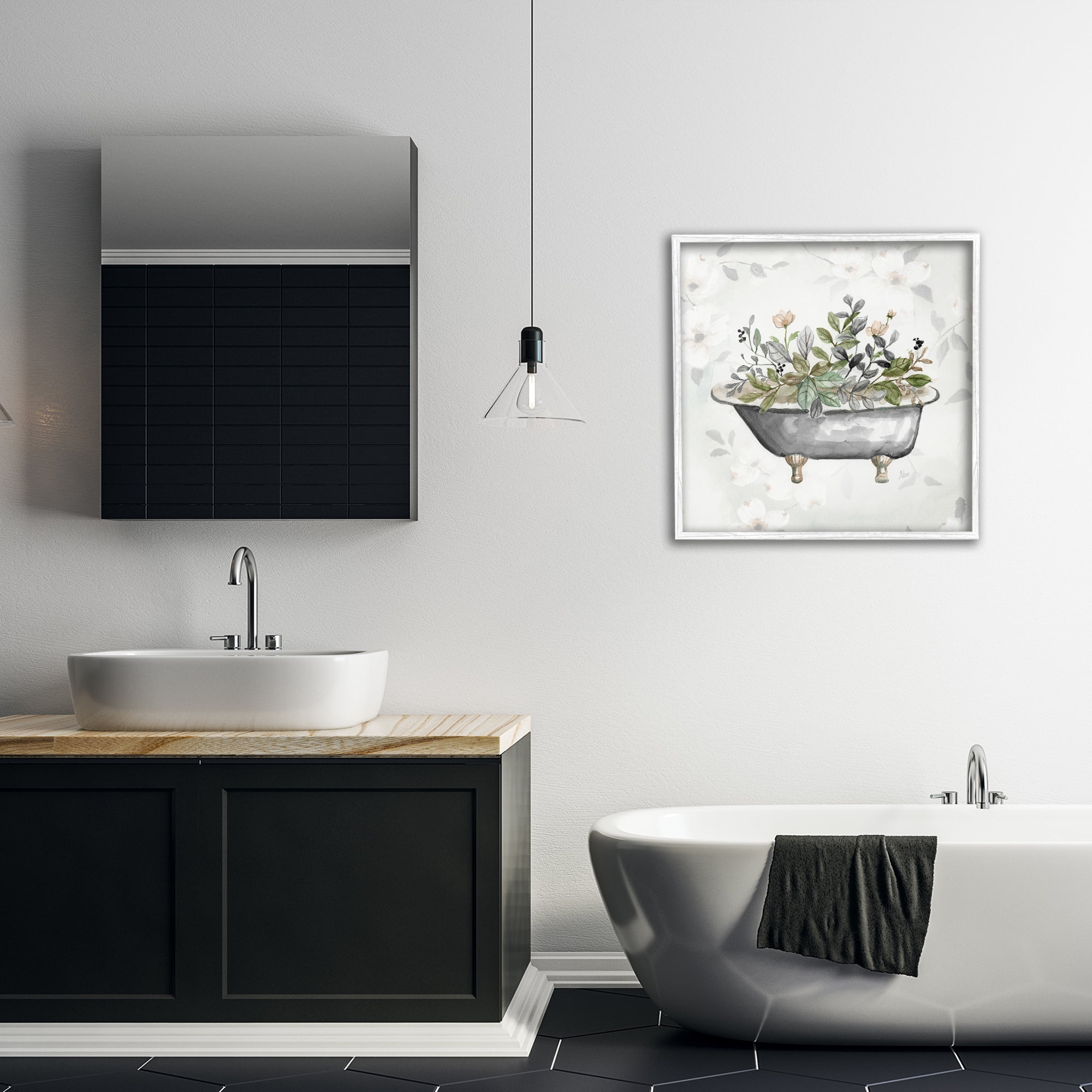 Stupell Industries Leaf Patterned Tub Typography Painting White Framed Art Print Wall Art, 24 x 24