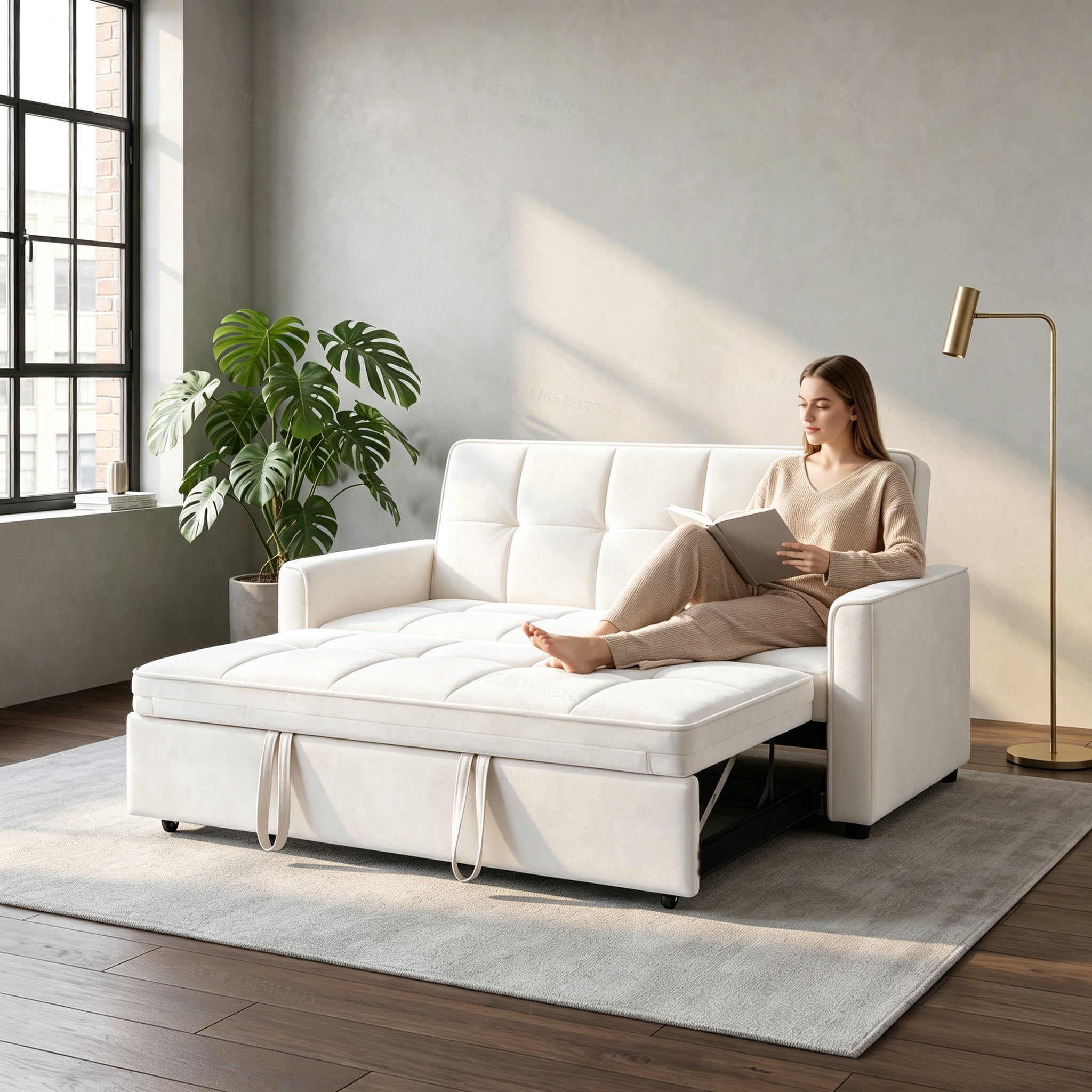 54" Convertible Sleeper Sofa Bed, Modern Velvet 3-in-1 Pull Out Loveseat Couch with 5-Position Backrest & Side Storage Pocket for Living Room, Beige