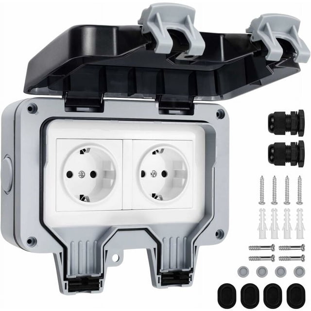 Jinsinto Double Waterproof Socket with Waterproof Junction Box, IP66 Outdoor Socket, Dustproof Wall Socket for Kitchen, Bathroom, Garage, Swimming Pool and Garden