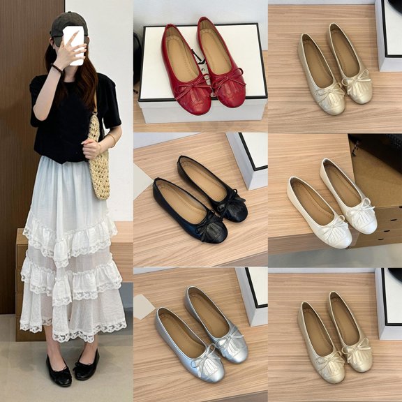 Women Tassel Bow Ballet Flats, Round Toe Slip‑On Soft Ballerina Shoes, Lightweight Flat Dress Shoes for Party Wedding Office