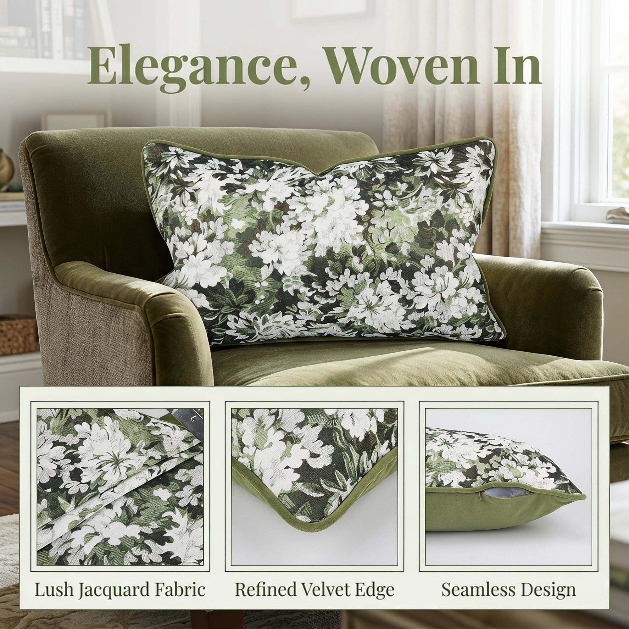 Unique Bargains Floral Throw Pillow Cover with Piped Edge Decor Cushion Case Green 20"x12"