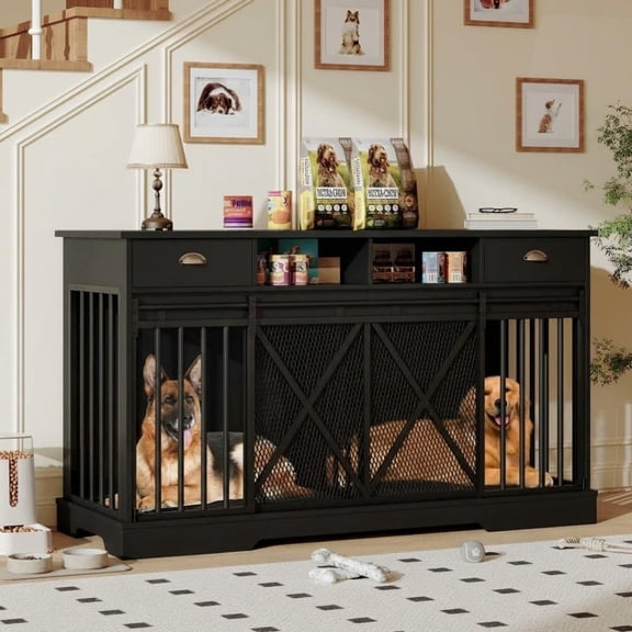 Large Dog Crate Furniture with Double Doors & Sliding Doors – Heavy Duty Dog Cage with Divider & 2 Drawers, Indoor Puppy Kennel Side Table TV Stand for Medium & Large Dogs