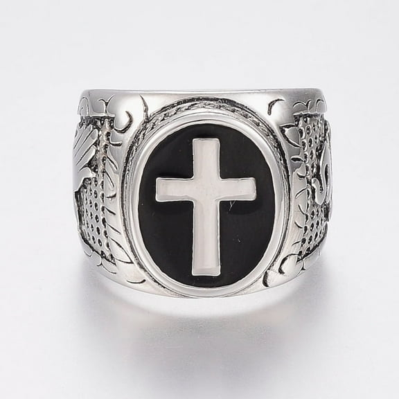 6 pc 304 Stainless Steel Finger Rings with Enamel Wide Band Rings Cross Antique Silver 17~22mm