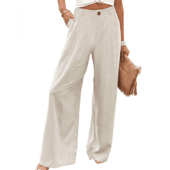 Womens Cotton Linen Pants Casual Button Up High Waisted Wide Leg Trousers Wideleg Loose Womenswear