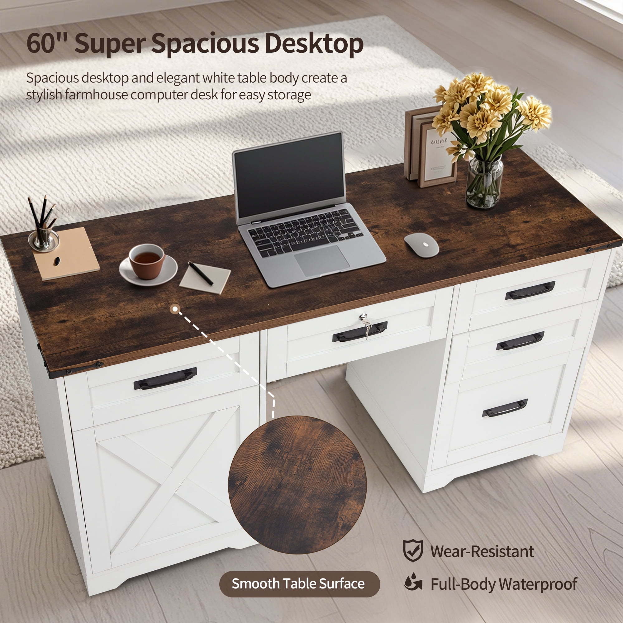 Haverchair 60" Farmhouse Executive Desk with 5 Drawers, Home Office Desk with Storage and Charging Station, Wooden computer Workspace with Lock, Cabinet with adjustable shelf for Work Study, White
