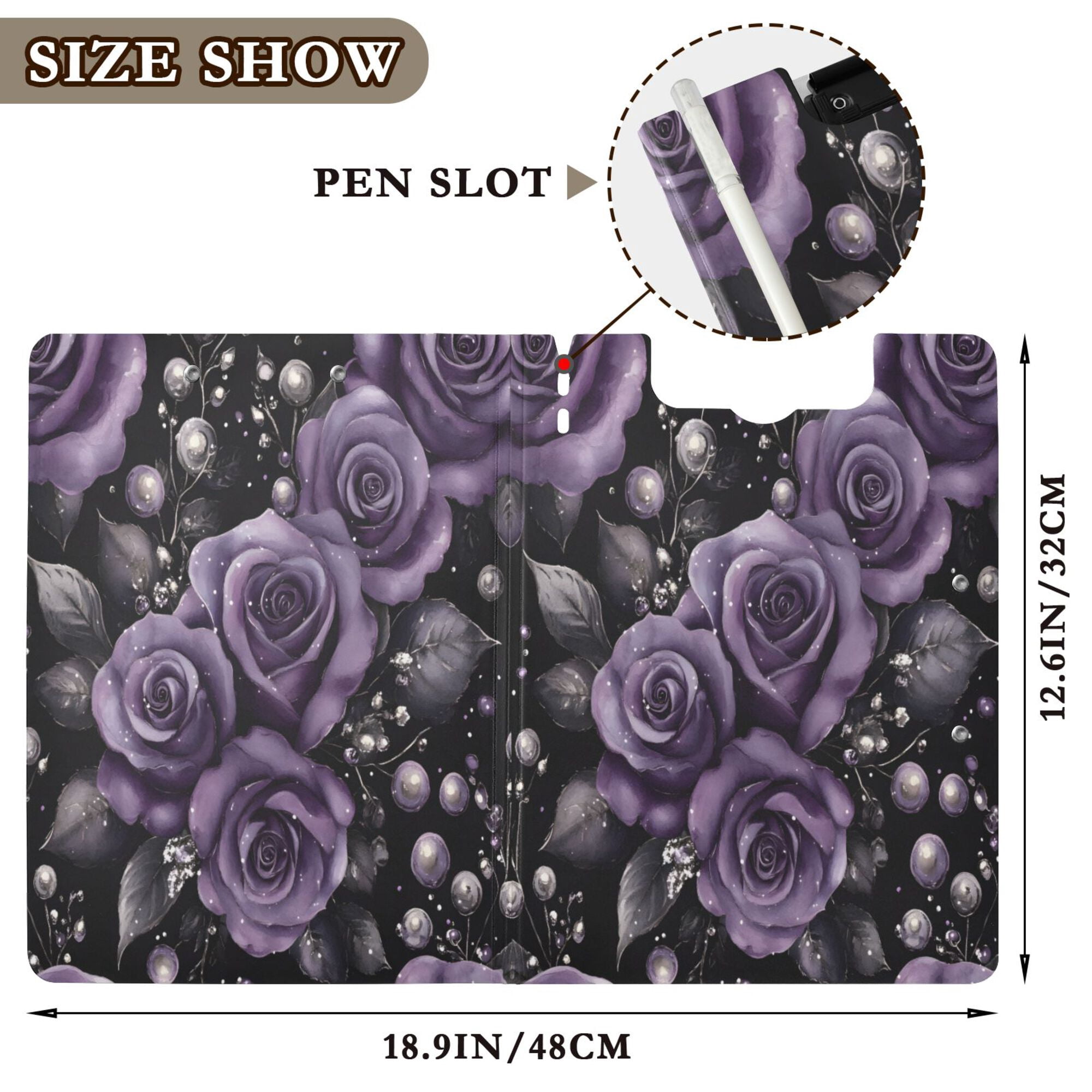 FORMRS A4 Clipboard Folder with Pen Holder Horizontal Foldable School Office Binder, Purple Roses