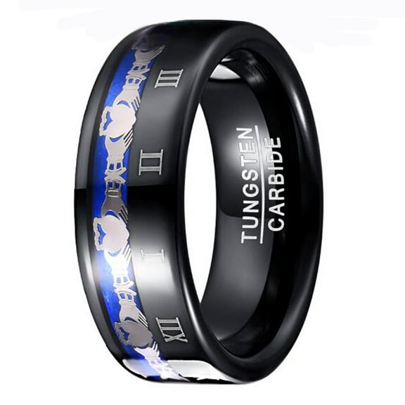 8mm Men's Tungsten Carbide Claddagh Irish Wedding Band Ring with Roman Number Black Polished Comfort Fit Size 7-12