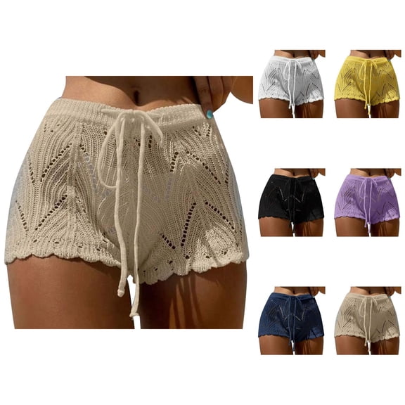 Swimsuit Coverup for Women Elastic High Waist Drawsting Wave Hem Crochet Knit Shorts Beach Cover Up