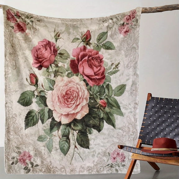 Vintage Floral Rose Print Flannel Throw Blanket - Soft, Warm, Comfortable Knitted Polyester Blanket for Sofa, Bed, Car, Office, Camping, Travel - All-Season Gift Blanket