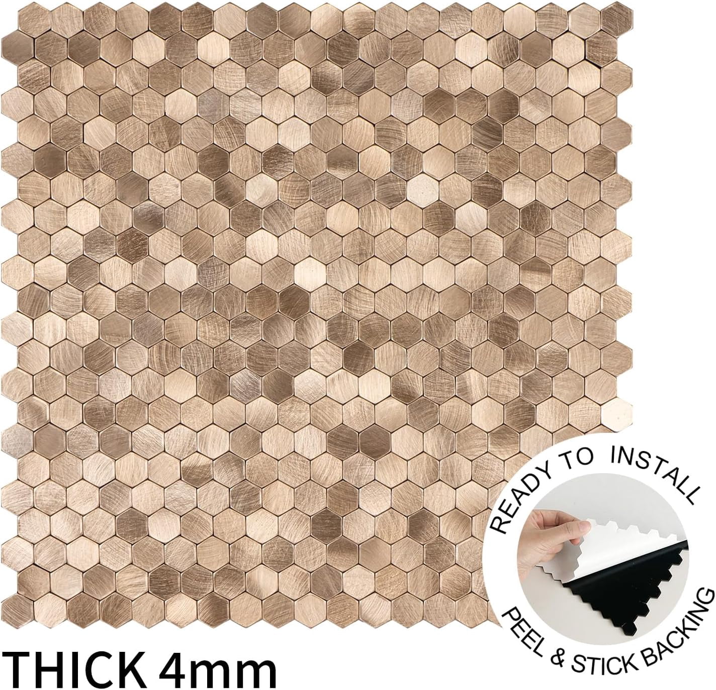 SELECT 5 Pack Hexagon Peel and Stick Backsplash Tiles, Self Adhesive Metal Backsplash Stick On Aluminum Tiles for Kitchen Bathroom, 12” x 12” Wall Tiles w/10 Edge Pieces, Brushed Gold