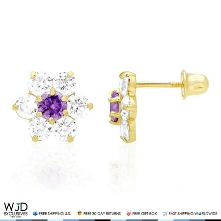 - 14k Solid Yellow Gold Diamond & Amethyst Flower Screwback Stud Earrings 2Ct