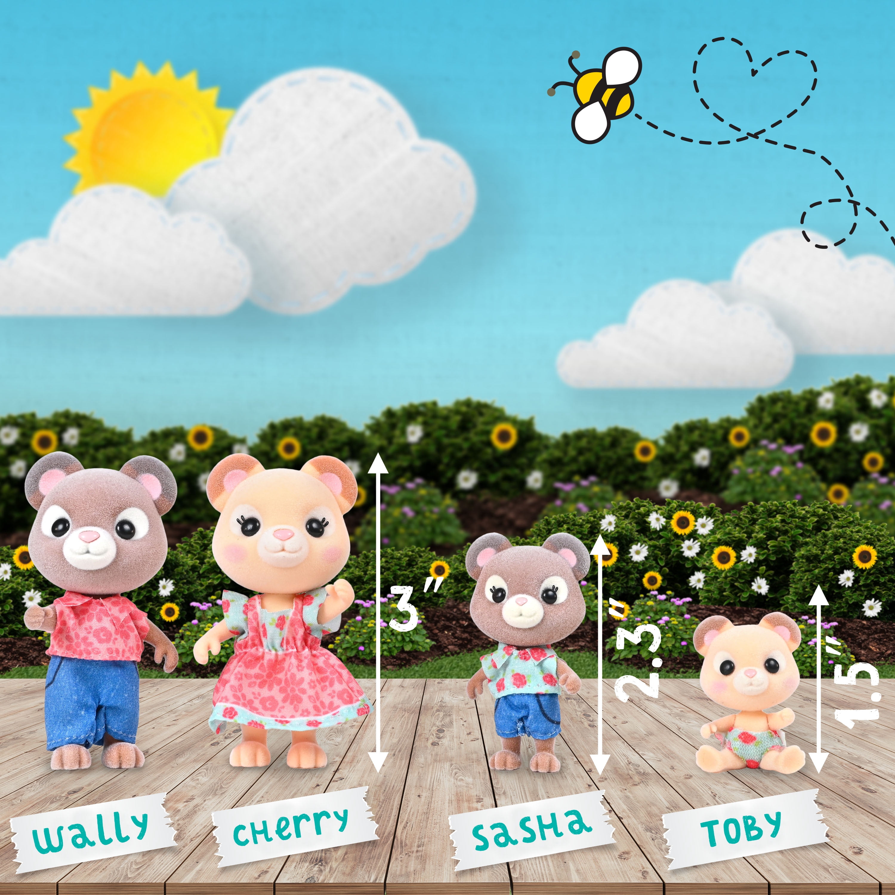HIDE8 ふわふわアニマルドール 3個セット Honey Bee Acres Bear Family, 4 Miniature Flocked Posable Dolls