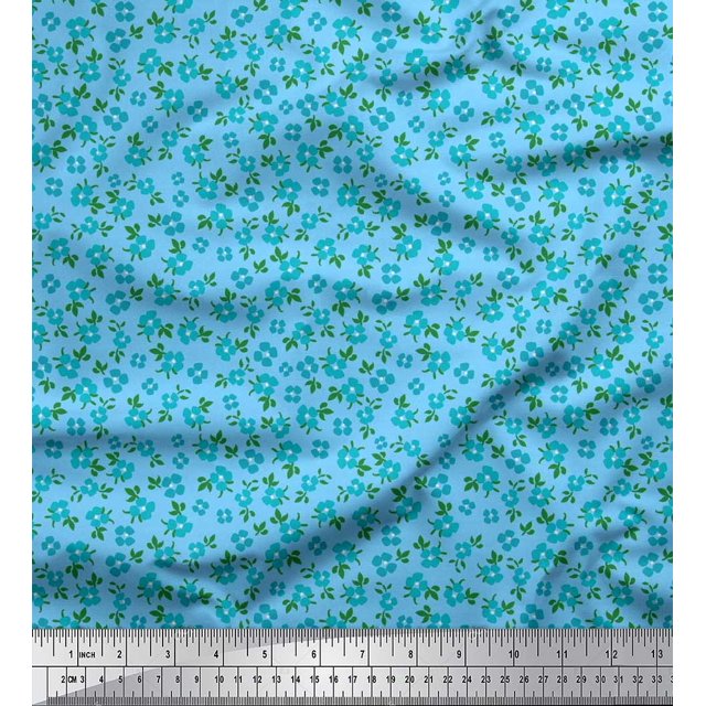 Soimoi Blue Poly Georgette Fabric Leaves & Floral Artistic Printed Fabric 1 Yard 42 Inch Wide