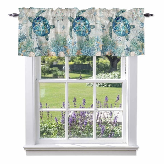 Sea Turtle Coastal Valances for Windows Blue Teal Beach Ocean Nautical Coral Rod Pocket Cafe Window Treatments Valance Curtains for Kitchen Bathroom Laundry Basement Windows 42"x18"