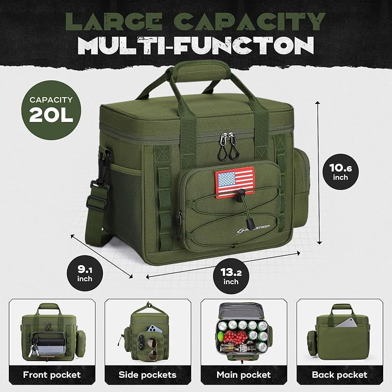Maelstrom Tactical Lunch Box, 23 L Insulated Lunch Bag for Men, Expandable Double Deck Lunch Cooler Bag,Large Leakproof Soft Lunch Tote with Detachable MOLLE Bags, for Adult Women Work,Picnic,Khaki