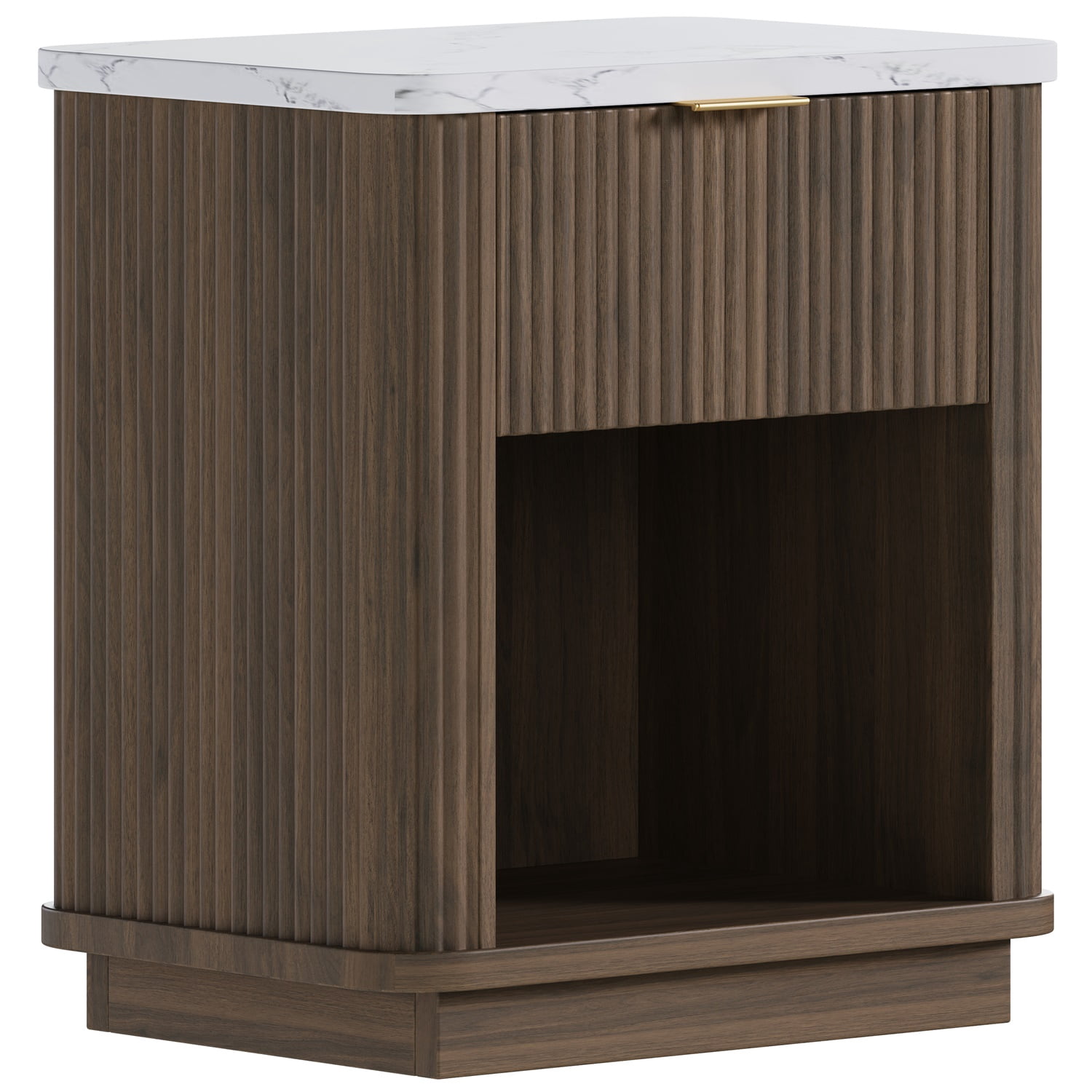 Hommoo Fluted Nightstand with Faux Marble Top, Gold Handle & Open Shelf, Modern Bedside Table for Bedroom, Living Room, Dorm & Guest Room, Walnut