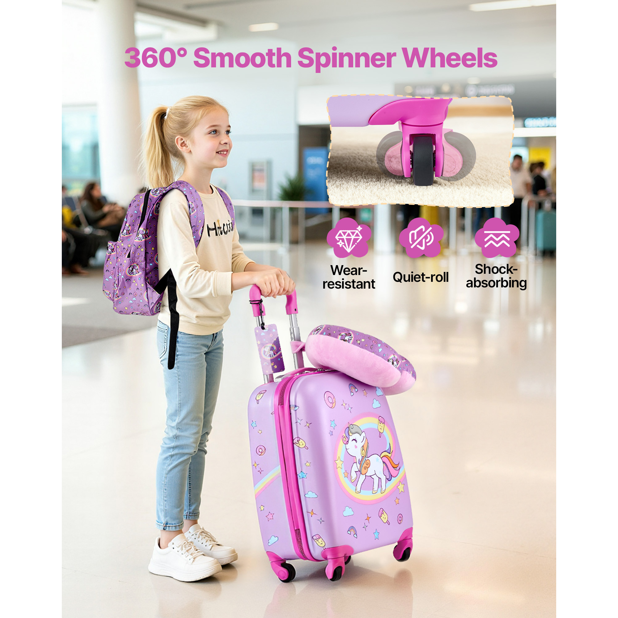 KFFKFF Kids Luggage Set, 5-Piece, 18-Inch Hard Shell Rolling Suitcase with Backpack & U-Shape Pillow, Unicorn-Themed Travel Set for Children, Perfect for Holidays and Birthdays, Airline Friendly