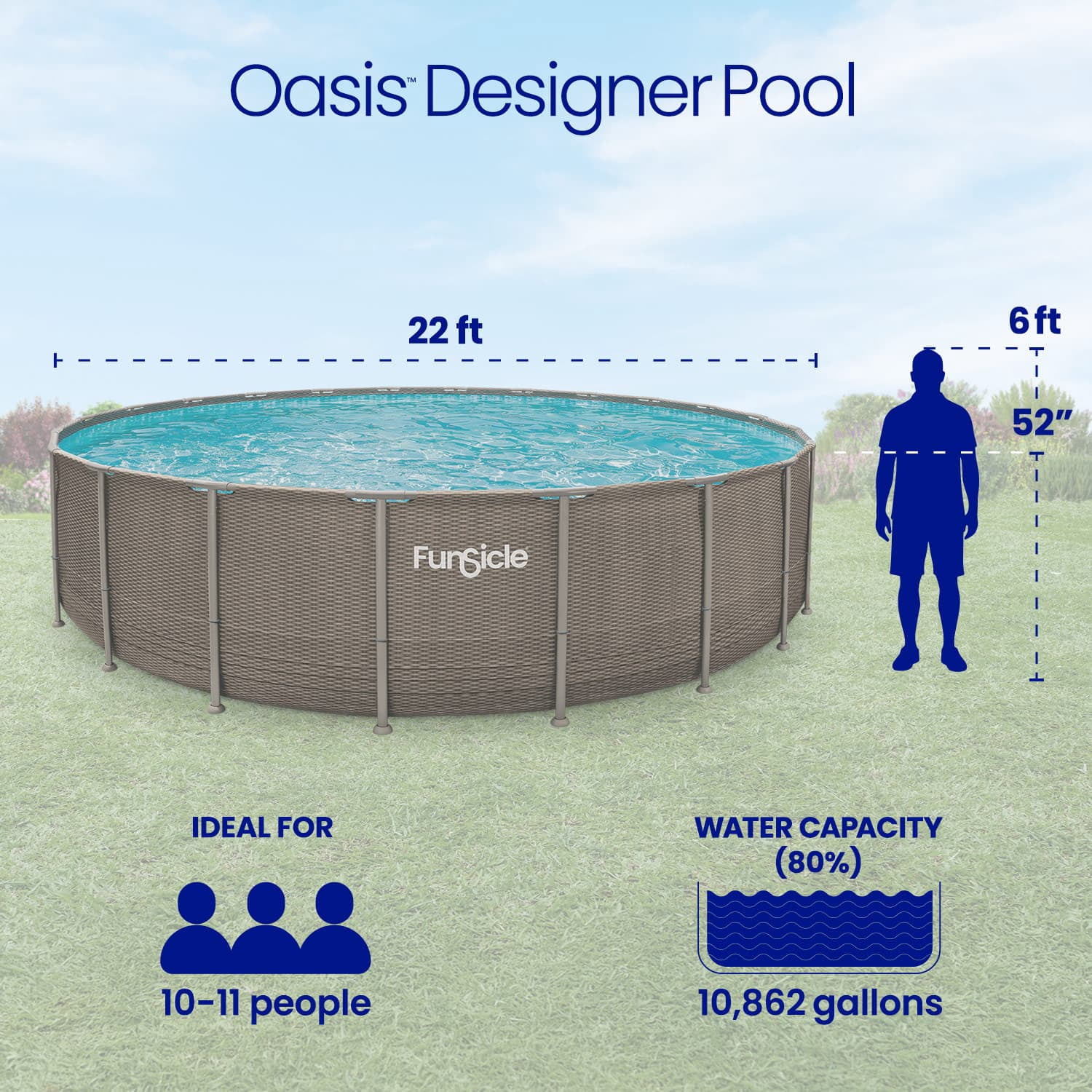 Funsicle Oasis Designer Above Ground Metal Frame Swimming Pool Set – with FB1800S AutoSkimmer Pump, Ladder, Cover, Cloth & Deluxe Maint. Kit, 22' x 52", Round, Double Rattan