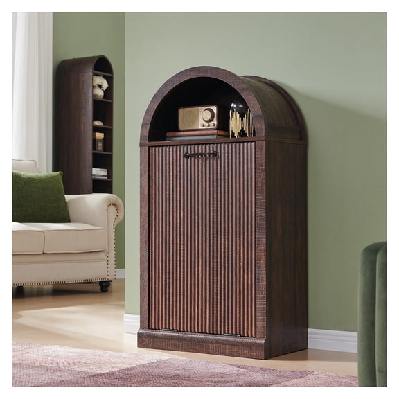 Arch Tilt-Out Trash Can Cabinet, Fluted Kitchen Trash Can 10 Gallon with Open Shelf, Modern Laundry Hamper Cabinet, Garbage Can with Storage Basket for Living Room, Kitchen Brown