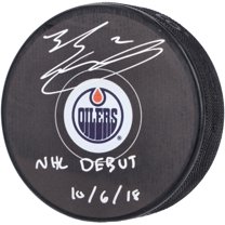 Evan Bouchard Edmonton Oilers Autographed Hockey Puck with "NHL Debut 10/6/18" Inscription - Fanatics Authentic Certified