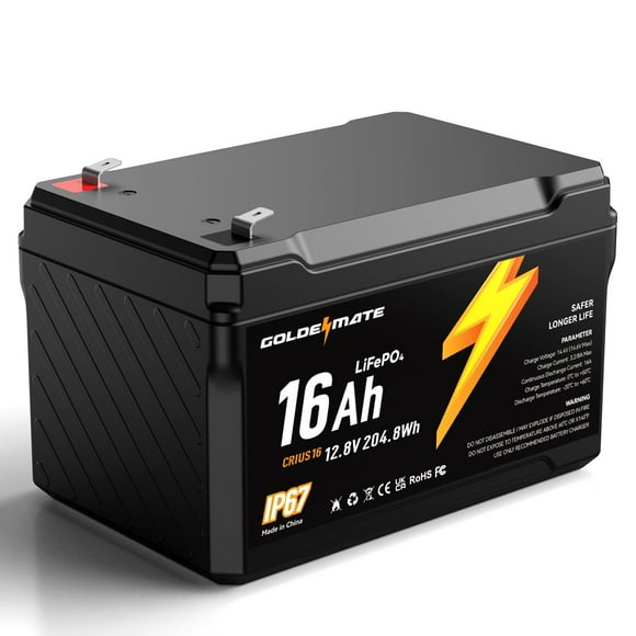 GOLDENMATE 12V 16Ah LiFePO4 Battery, IP67 Waterproof, 12V Lithium Battery w/ 5000+ Deep Cycles, Built-in BMS, Premium Lithium Iron Phosphate Cell, Id